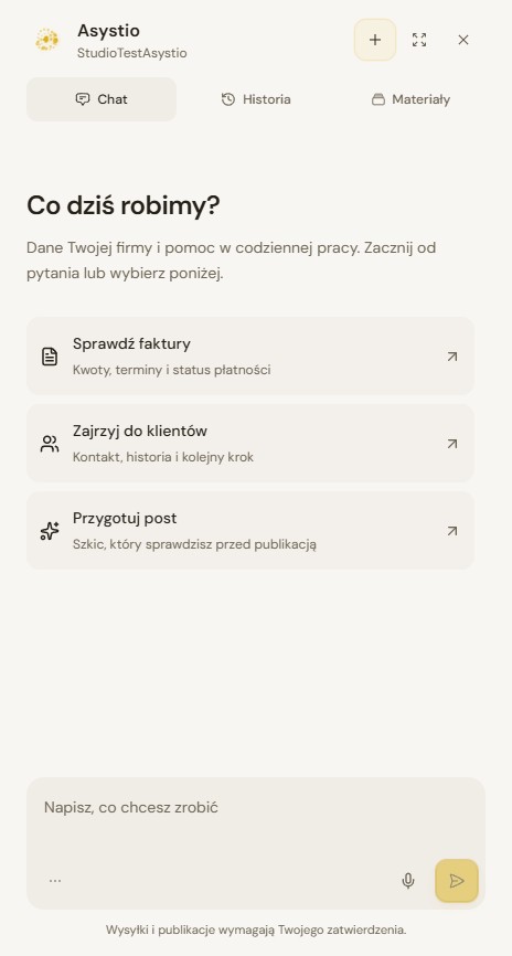 Panel Asystio z nazwą firmy, widokami Chat, Historia i Materiały oraz polem wpisywania wiadomości.