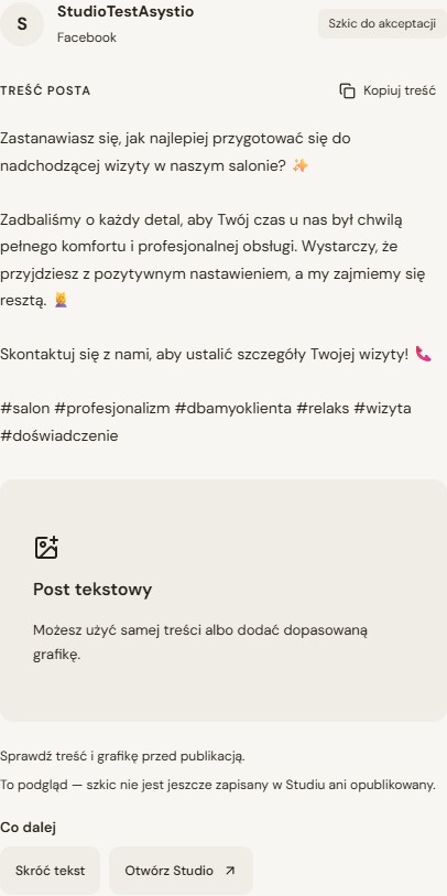 Rzeczywisty podgląd tekstowego posta na Facebooka z oznaczeniem szkicu, kopiowaniem treści i informacją, że nie zapisano go w Studiu ani nie opublikowano.