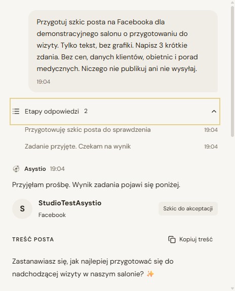 Rozmowa w Asystio z rozwiniętymi etapami odpowiedzi pod poleceniem i początkiem wyniku w tym samym widoku.