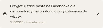 Pojedynczy wpis rozmowy w Historii z tytułem dotyczącym demonstracyjnego posta, datą oraz liczbą czterech wiadomości.