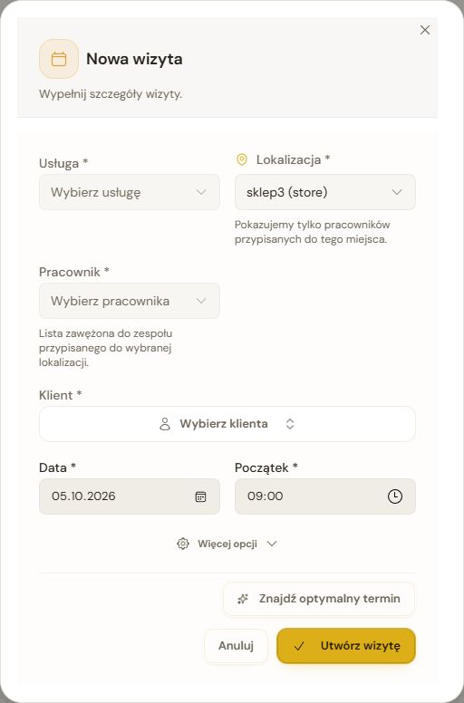Pełny formularz Nowa wizyta z usługą, lokalizacją, pracownikiem, klientem, datą, początkiem i przyciskiem Więcej opcji.