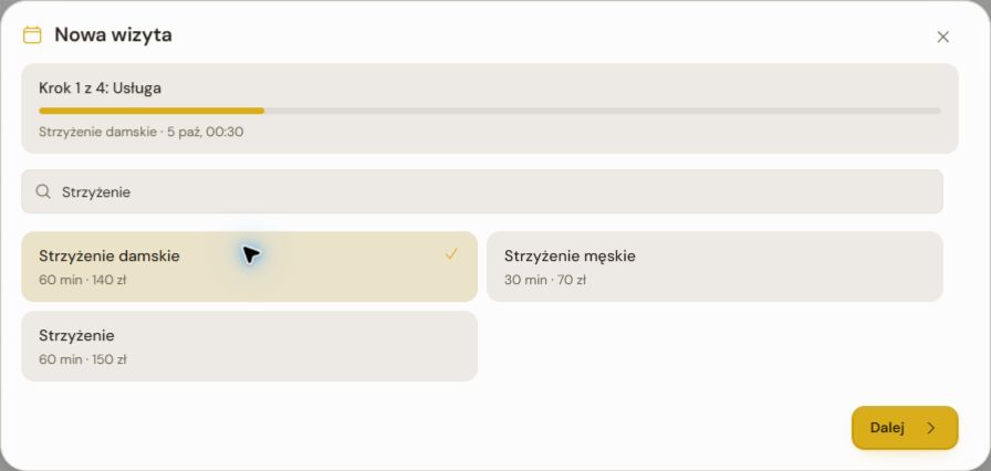 Pierwszy krok Nowej wizyty: wyszukiwarka, wybrana usługa Strzyżenie damskie i przycisk Dalej.