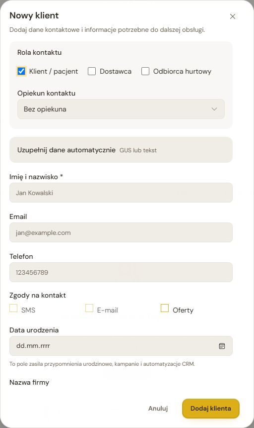 Pusty formularz Nowy klient: dane kontaktowe, zgody i przycisk Dodaj klienta.